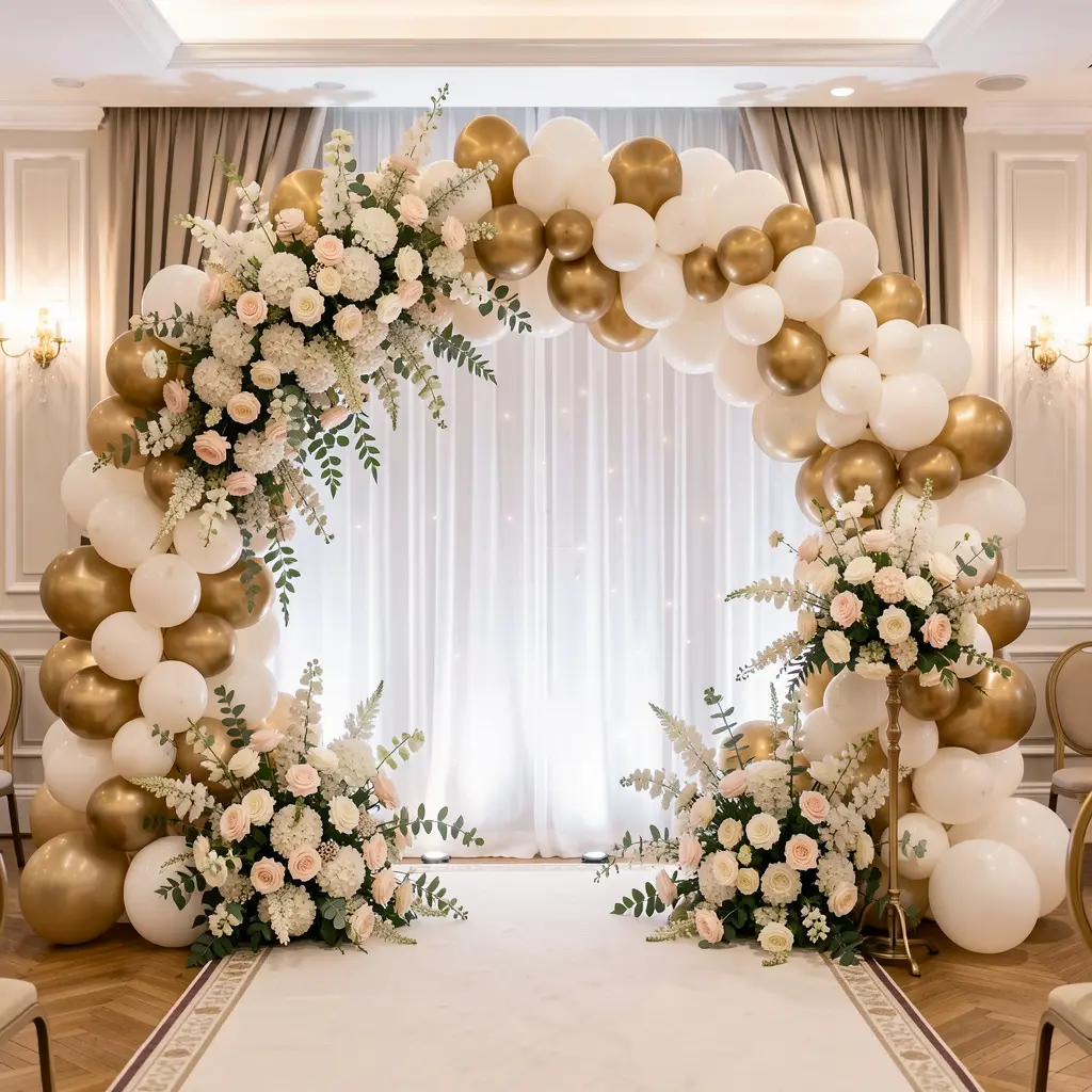 Elegant event decoration with floral arrangements and balloon arch
