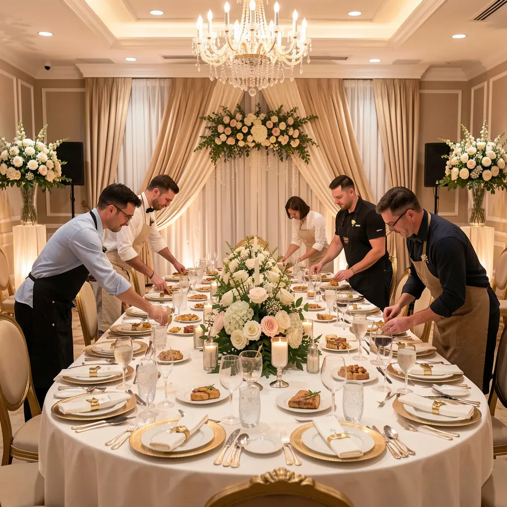 Event decoration team preparing elegant celebration setup