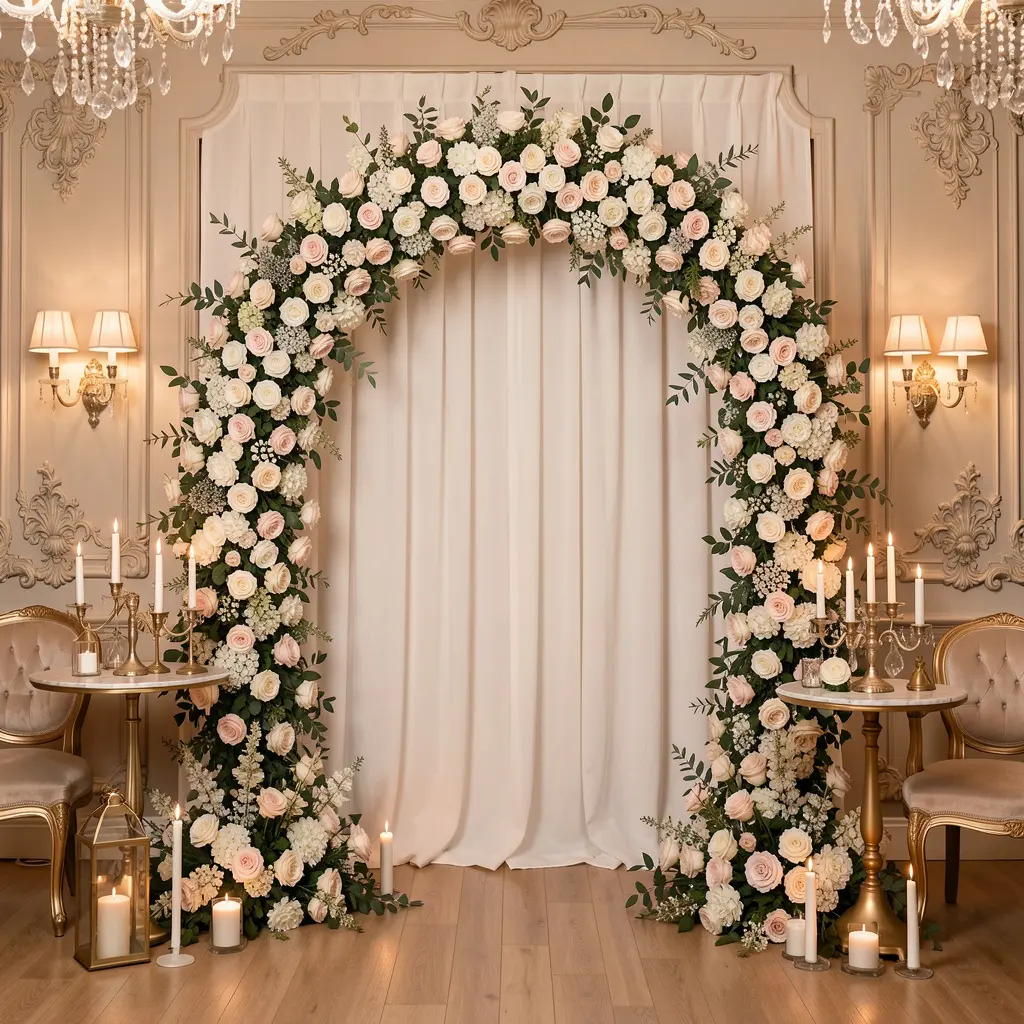 Romantic wedding photo booth with floral arch and elegant decorations